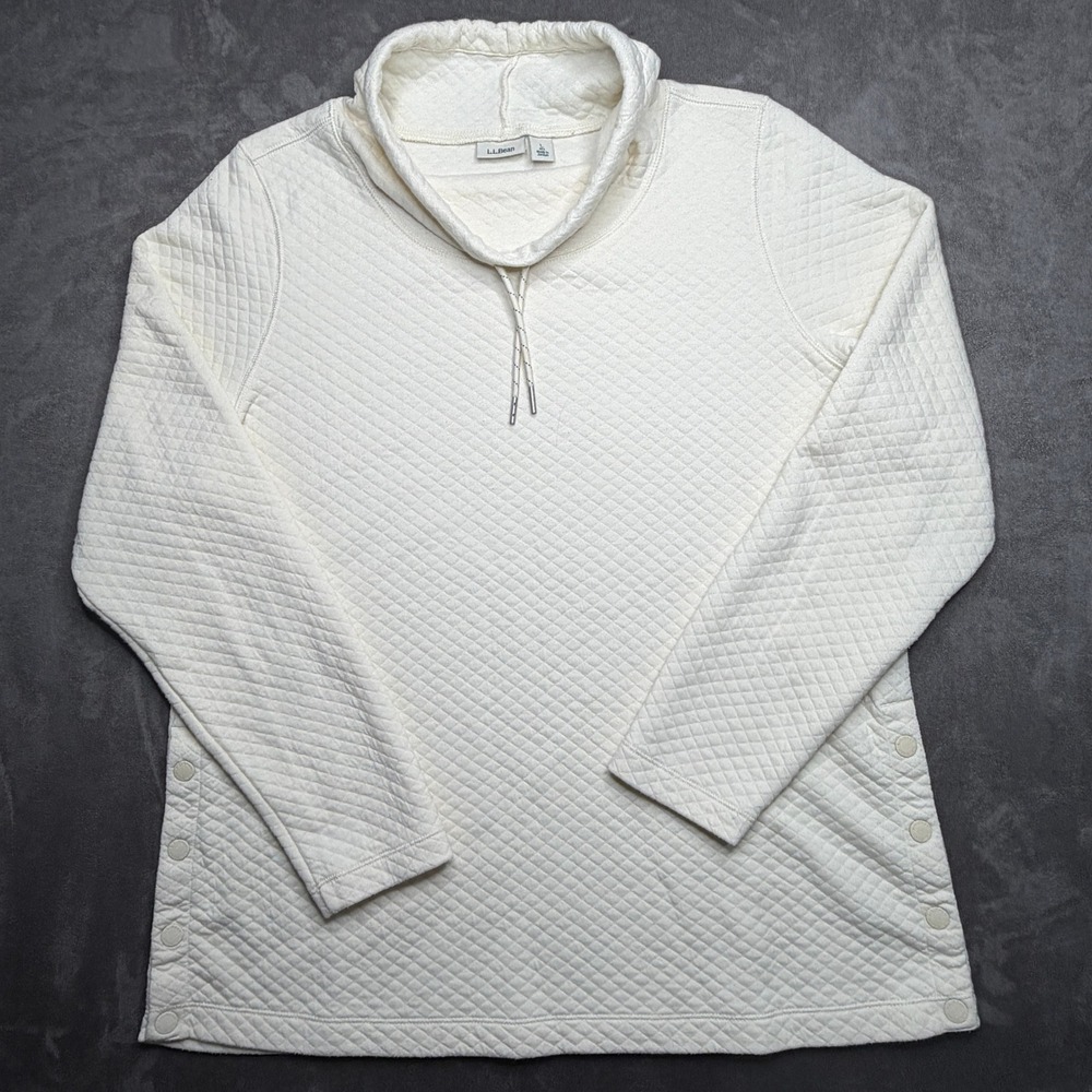 LL Bean Quilted Pullover Women Large Cream Funnel Neck Side Button 513186